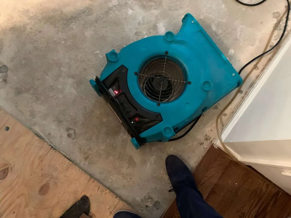Air mover drying subfloor during Commercial Water Damage Restoration in Briar